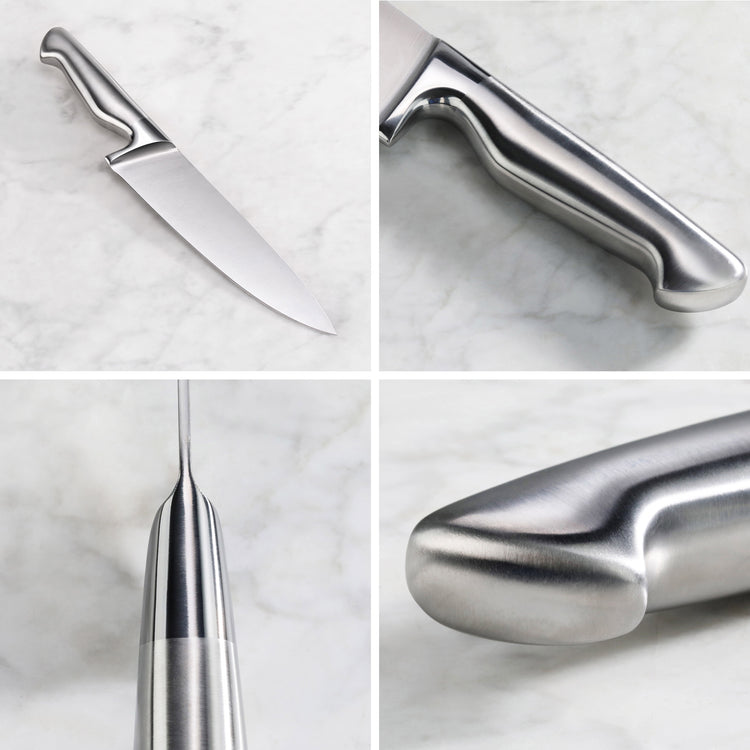 Chef knife with stainless steel handle shown from multiple close-up angles on a marble surface.