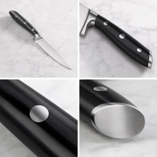 
                    
                      Black serrated utility knife with three metal rivets on handle, shown from multiple close-up angles on a marble surface.
                    
                  