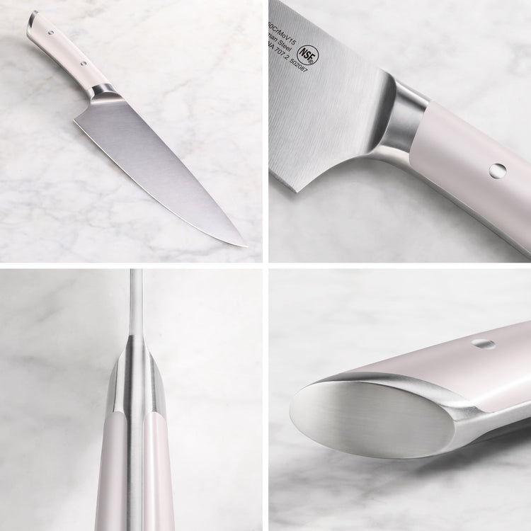 Chef knife with a stainless steel blade and light-colored ergonomic handle shown from multiple angles.