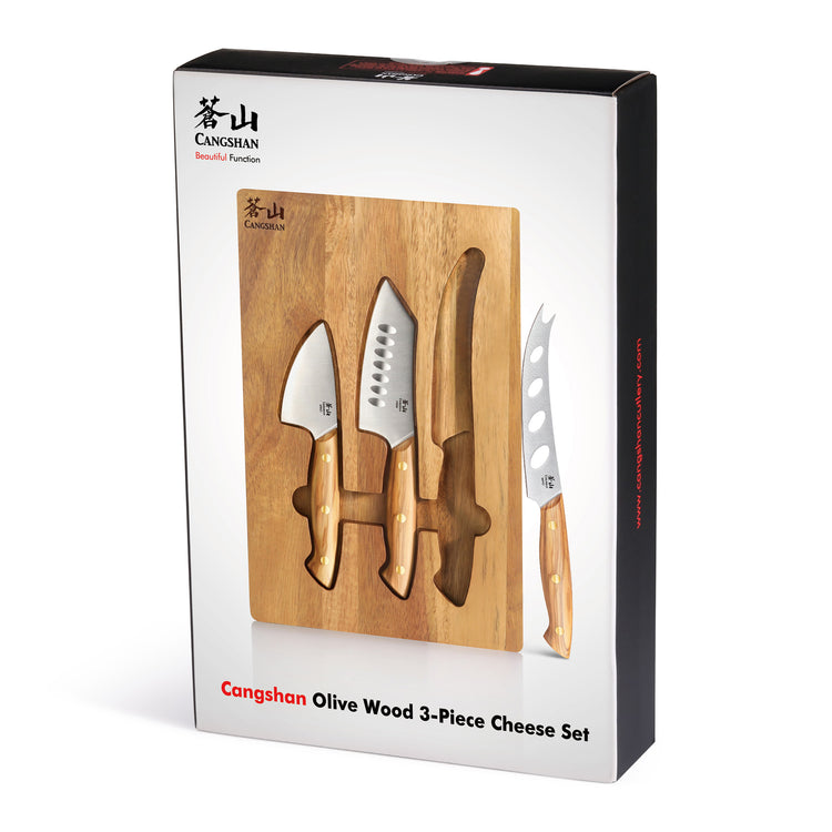 3-piece olive wood cheese knife set with acacia wood board in branded packaging box.