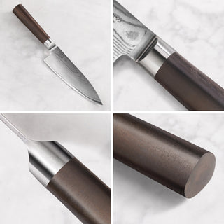 
                    
                      Chef's knife with a wooden handle, forged Damascus steel blade, and close-up views of handle and blade details.
                    
                  