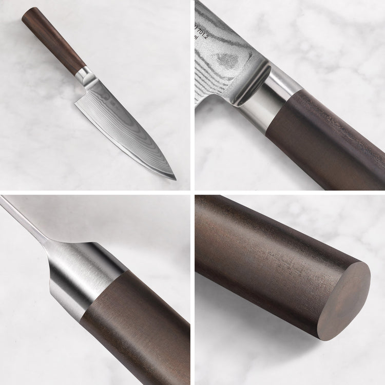 Chef's knife with a wooden handle, forged Damascus steel blade, and close-up views of handle and blade details.