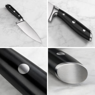 
                    
                      Chef knife with black handle and three rivets, shown from multiple close-up angles on a marble surface.
                    
                  