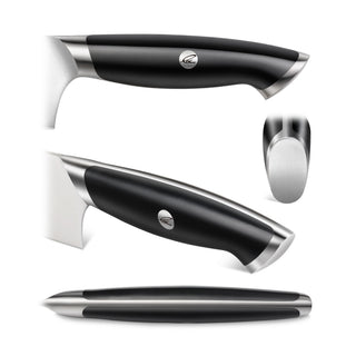 
                    
                      Black ergonomic handle of a steak knife with stainless steel accents and a small circular logo on the side.
                    
                  