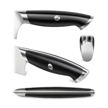 Black ergonomic handle of a steak knife with stainless steel accents and a small circular logo on the side.