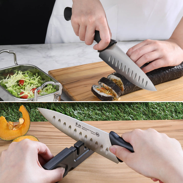 Hands slicing sushi roll with a chef knife on a wooden board and sharpening a knife with a handheld sharpener outdoors.
