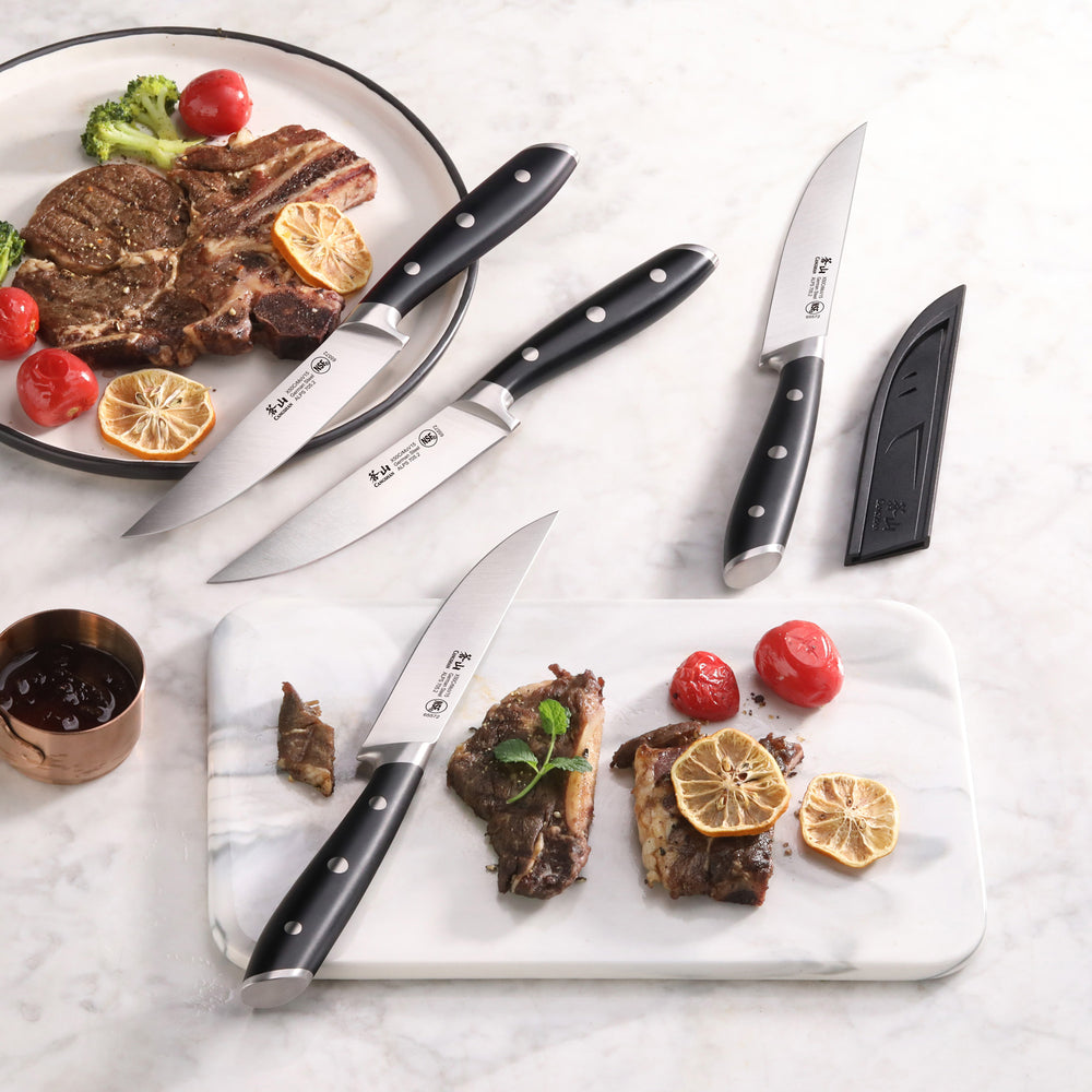 
                  
                    Load image into Gallery viewer, ALPS Series 4-Piece Steak Knife Set with Sheaths, Forged German Steel, Black, 502780
                  
                