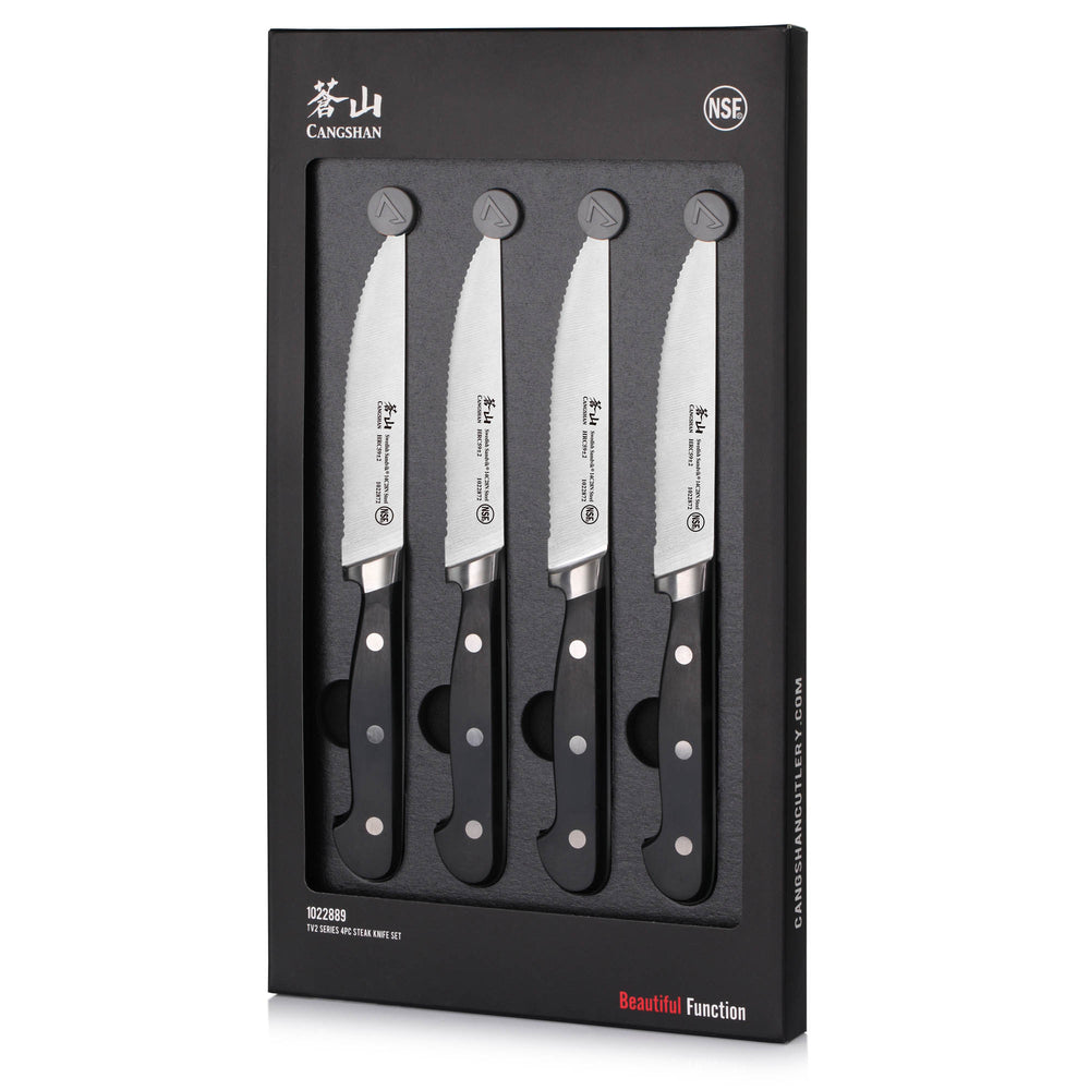 
                  
                    Load image into Gallery viewer, Cangshan TV2 Series 1022889 Swedish 14C28N Steel Forged 4-Piece Steak Knife Set
                  
                