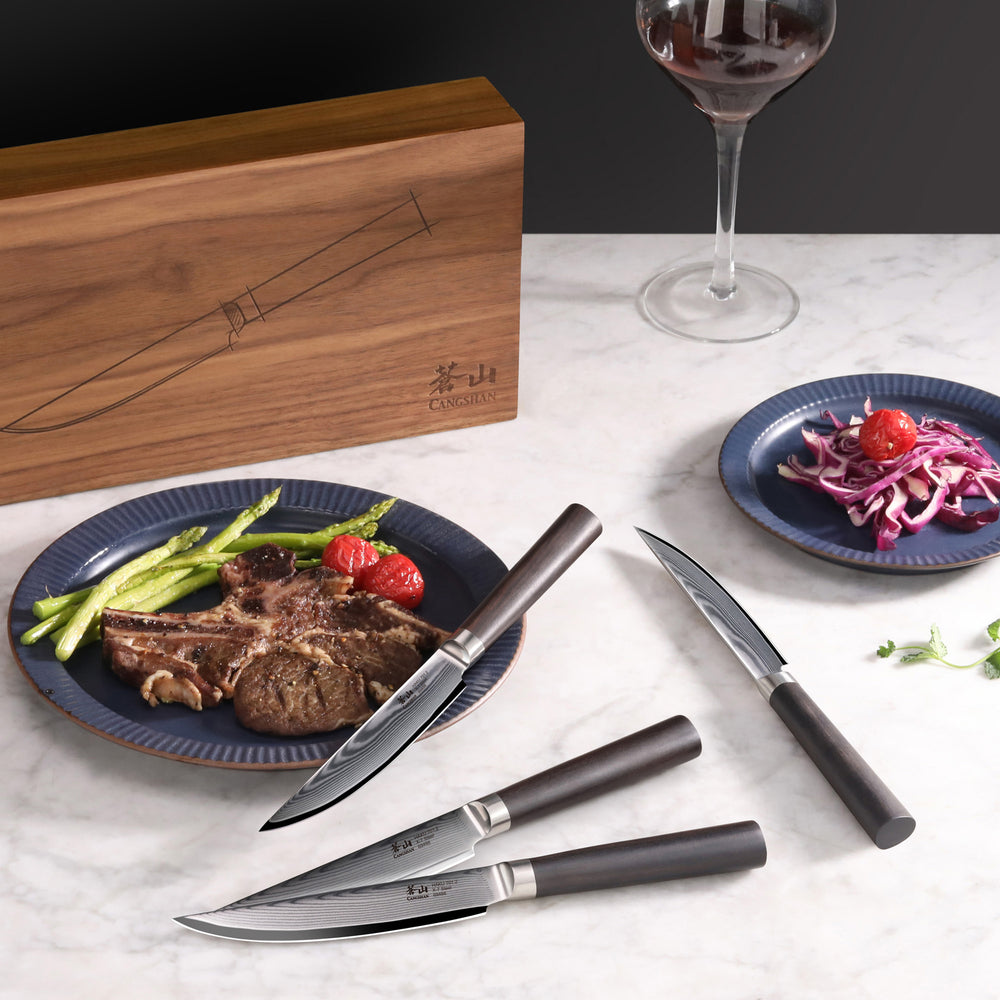 
                  
                    Load image into Gallery viewer, HAKU Series 4-Piece Fine-Edge Steak Knife Set with Walnut Box, Forged X-7 Damascus Steel, 501141
                  
                