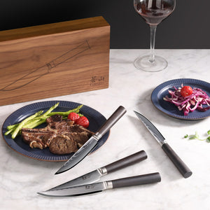 Cangshan Haku Damascus Steak Knife Set w/Walnut Box S/4