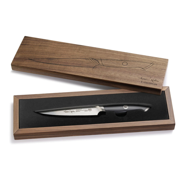 Black-handled fine-edge utility knife with stainless steel blade in a wooden presentation box with lid.