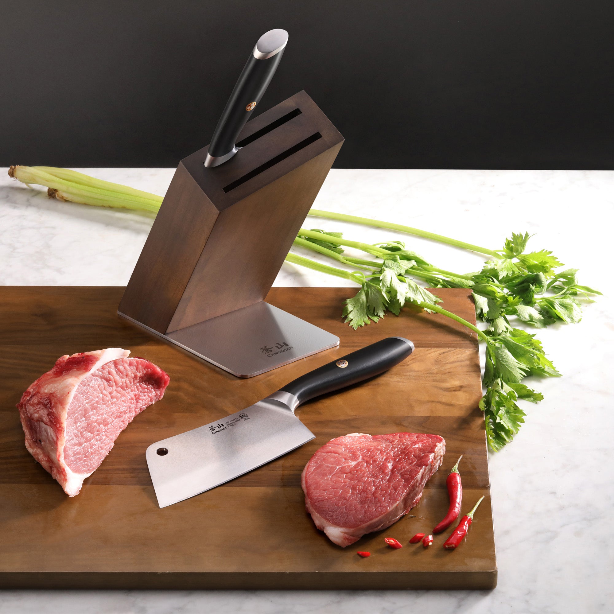 L Series 3-Piece Cleaver Block Set, Forged German Steel, HUA Acacia Block, Black, 1027426