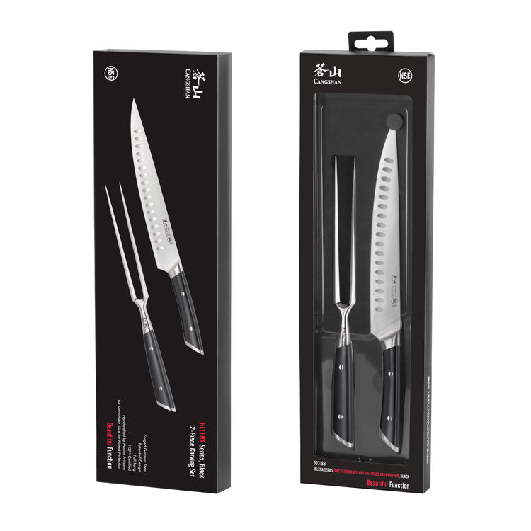 2-piece carving set with a carving knife and fork, black handles, displayed in black packaging.