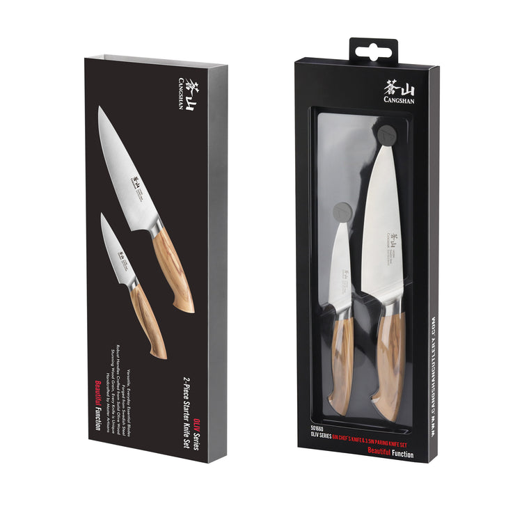 Two-piece knife set with wooden handles, including a chef's knife and a smaller utility knife in black packaging.