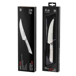 
                    
                      6-inch boning knife with curved blade and white handle, displayed in black retail packaging.
                    
                  