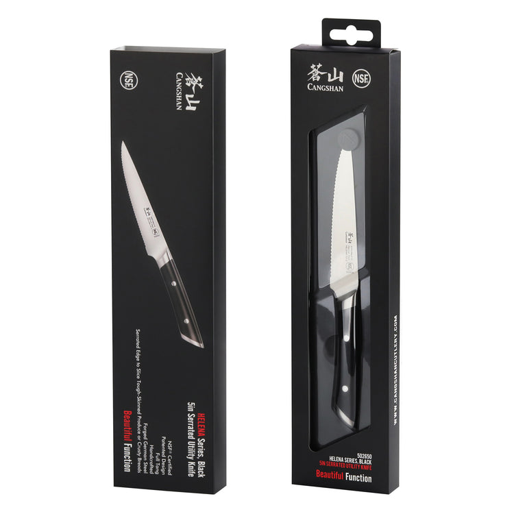 Serrated utility knife with black handle displayed in black packaging with clear window and product branding.