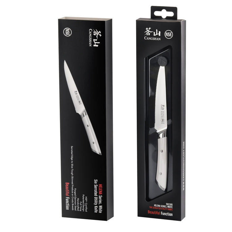 5-inch serrated utility knife with white handle in black retail packaging, labeled HELENA Series Forged German Steel.