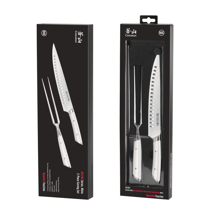 Two-piece carving set with a serrated knife and carving fork, both featuring white handles, displayed in black packaging.