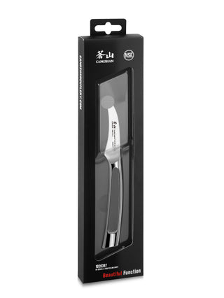 
                    
                      Peeling knife with curved blade and metal handle in black rectangular packaging with clear window.
                    
                  