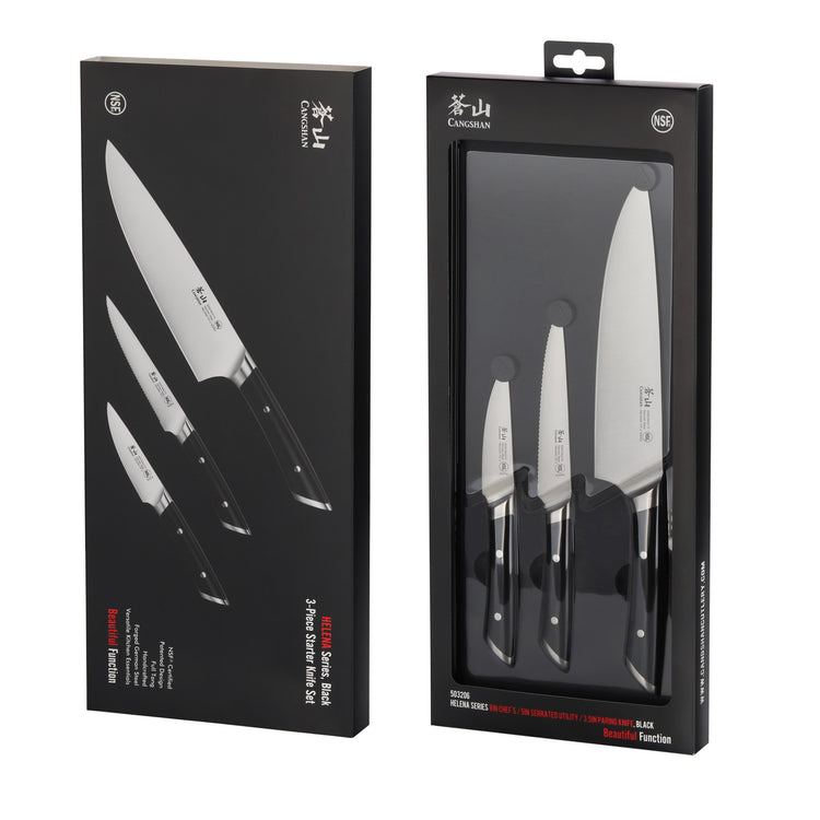 Three-piece knife set with black handles and stainless steel blades displayed in black packaging.