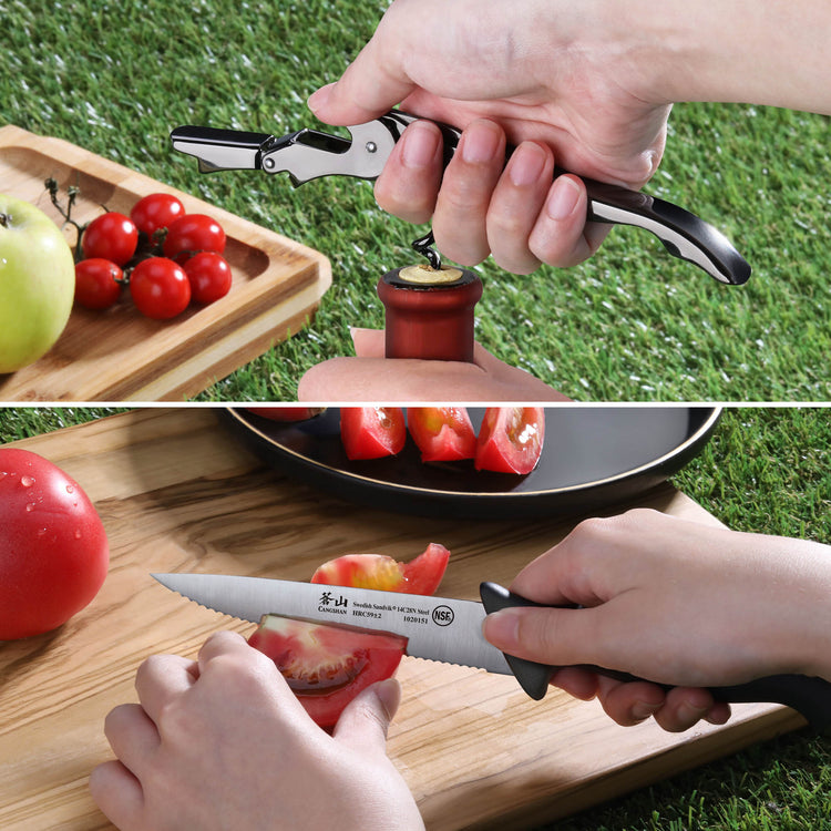Top: Hand using a black-handled corkscrew to open a bottle. Bottom: Hand slicing a tomato with a serrated knife on a wooden c