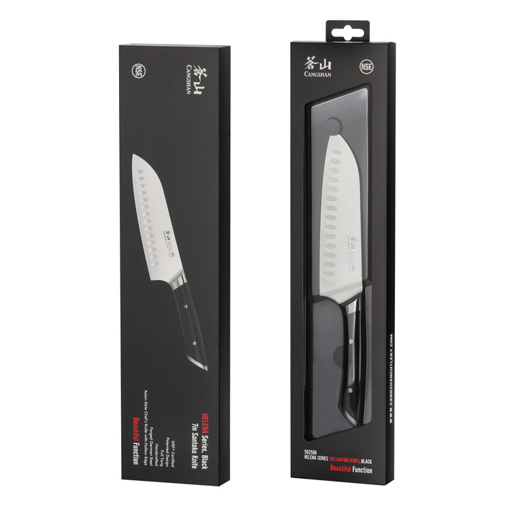 Santoku knife with black handle displayed inside and outside black packaging boxes.