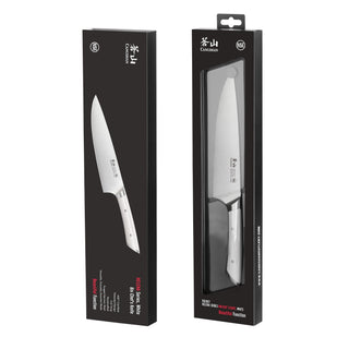 
                    
                      8-inch chef's knife with a white handle displayed inside and outside black packaging boxes.
                    
                  