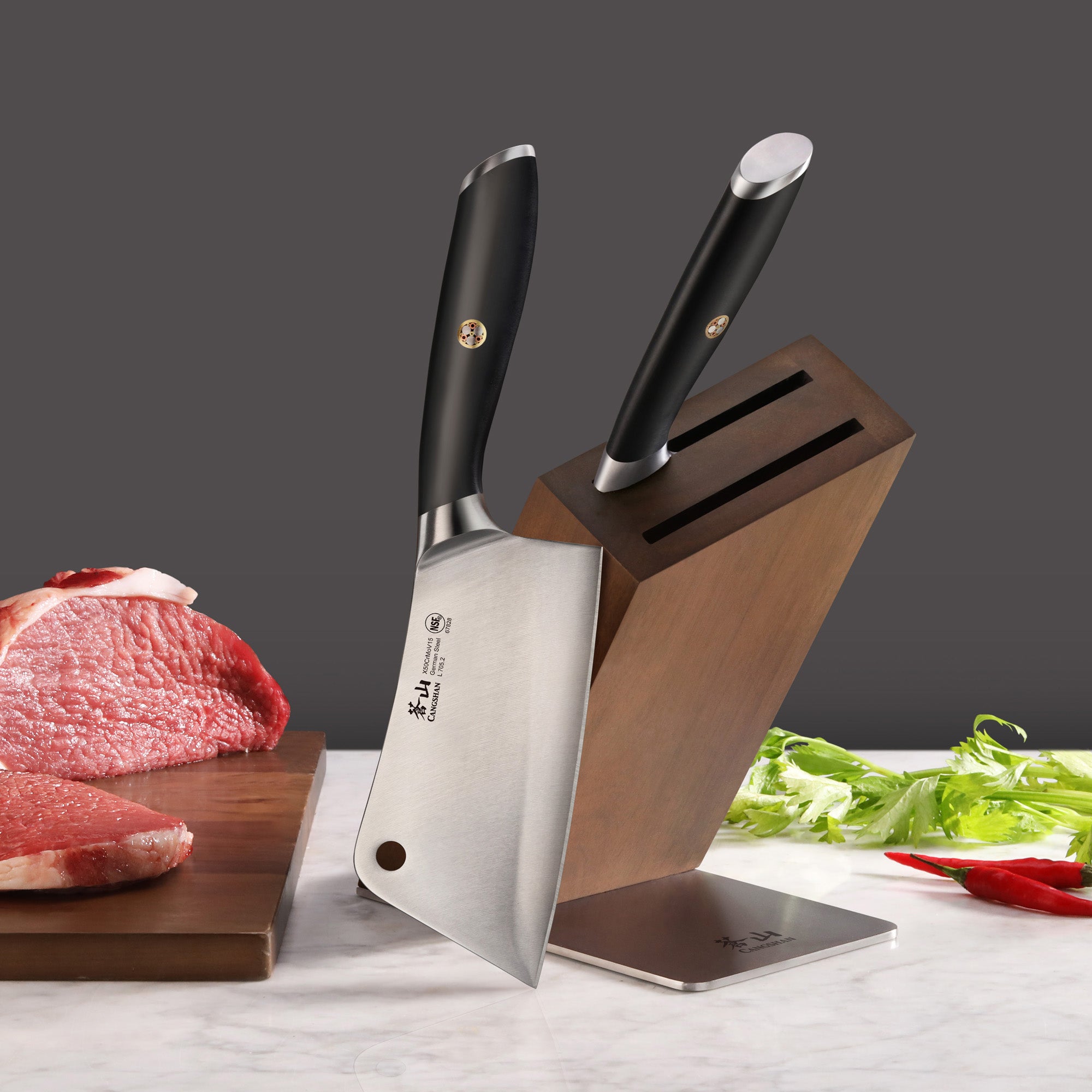 L Series 3-Piece Cleaver Block Set, Forged German Steel, HUA Acacia Block, Black, 1027426