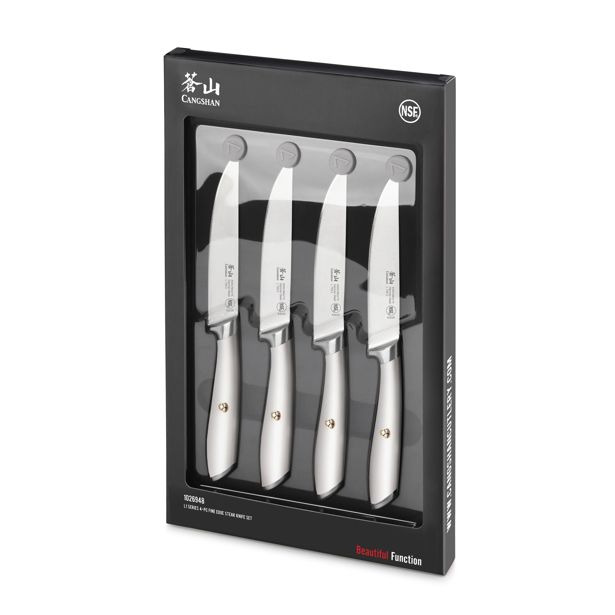 L1 Series 4-Piece Fine-Edge Steak Knife Set, White, Forged German Steel, 1026948