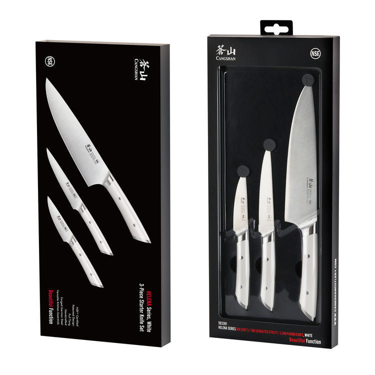Three-piece knife set with stainless steel blades and white handles displayed in black packaging.