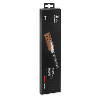 
                    
                      Black rectangular box packaging featuring a Japanese Santoku knife with a wooden sheath and black handle.
                    
                  