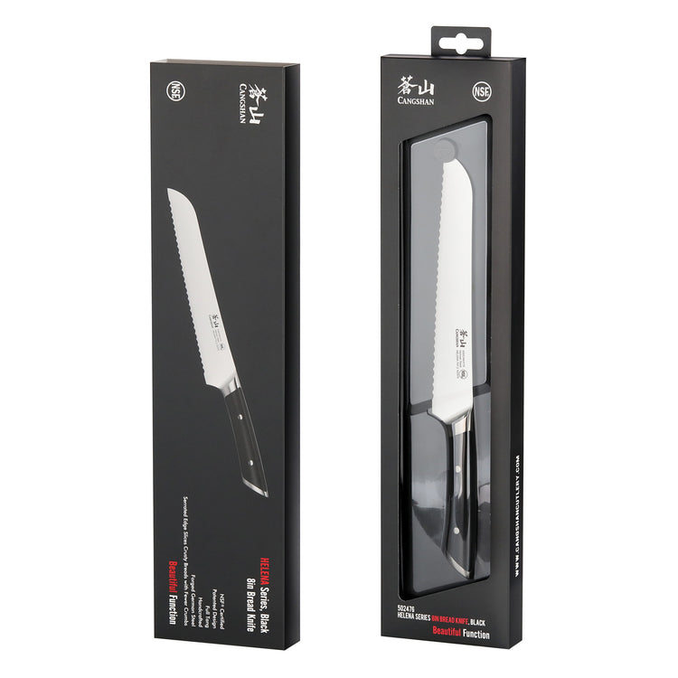 Black-handled serrated bread knife displayed inside and outside its black retail packaging.