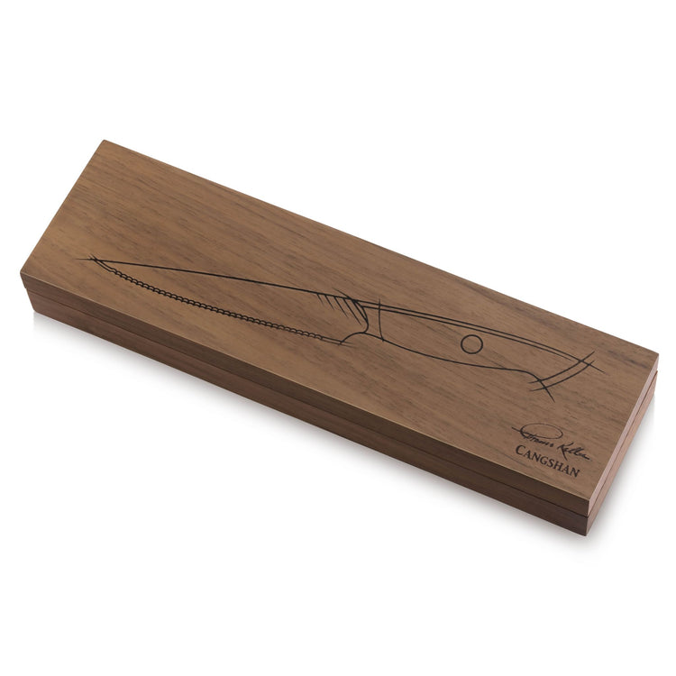 Wooden knife box with a line drawing of a serrated utility knife and signature on the lid.