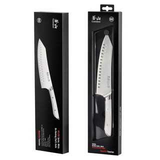 
                    
                      8-inch chef's knife with a white handle and hollow edge blade, shown in and out of black retail packaging.
                    
                  