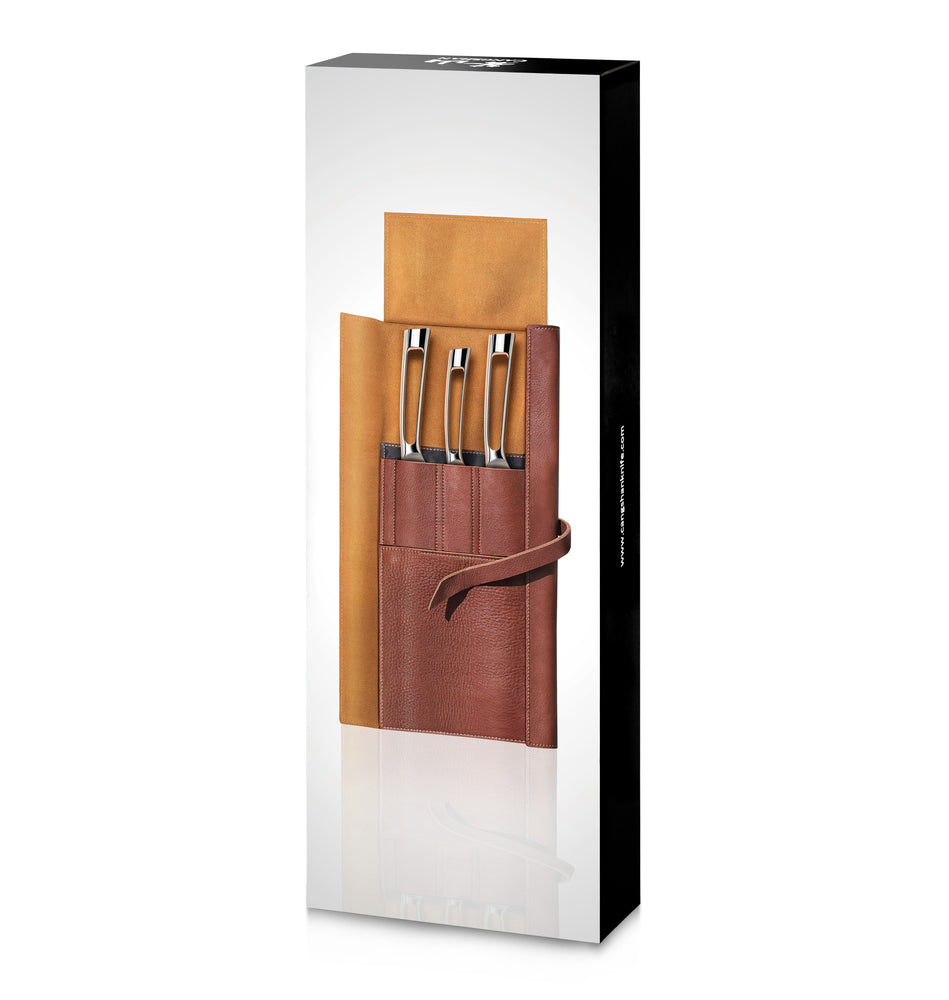 N1 Series 4-Piece Leather Roll Knife Set, Gold Plated Handle