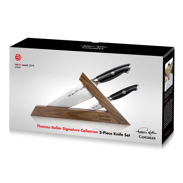 3-piece knife set with black handles and wooden triangular block, Thomas Keller Signature Collection packaging.