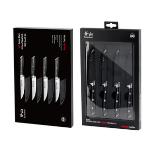 
                    
                      Four black-handled steak knives with sheaths displayed in black packaging, showing blade and handle design.
                    
                  