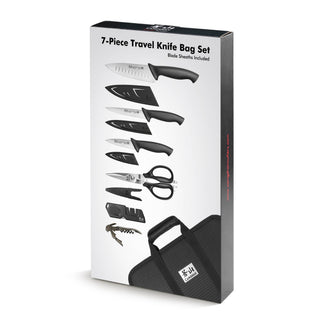 
                    
                      Seven-piece travel knife set with black handles, blade sheaths, scissors, corkscrew, and black carrying bag.
                    
                  