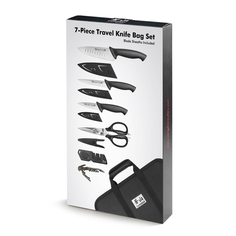 Seven-piece travel knife set with black handles, blade sheaths, scissors, corkscrew, and black carrying bag.