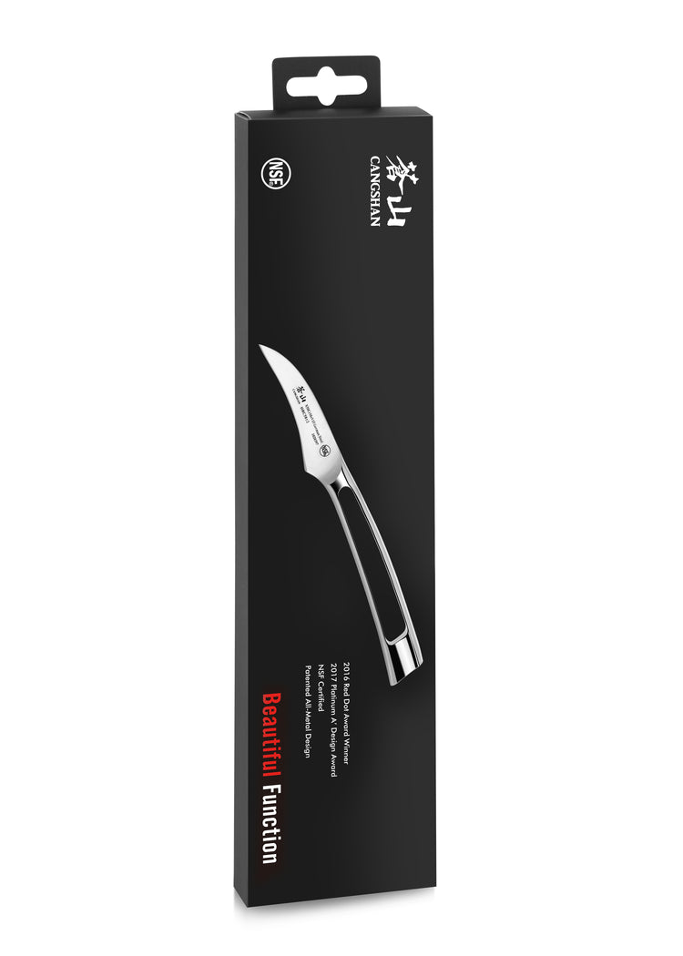Peeling knife with curved blade and ergonomic handle displayed on black vertical packaging.