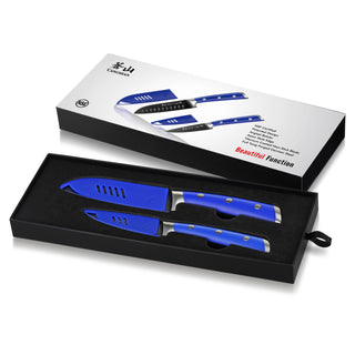 
                    
                      Two blue-handled knives with matching blue blade covers in a black box with a white product packaging sleeve.
                    
                  