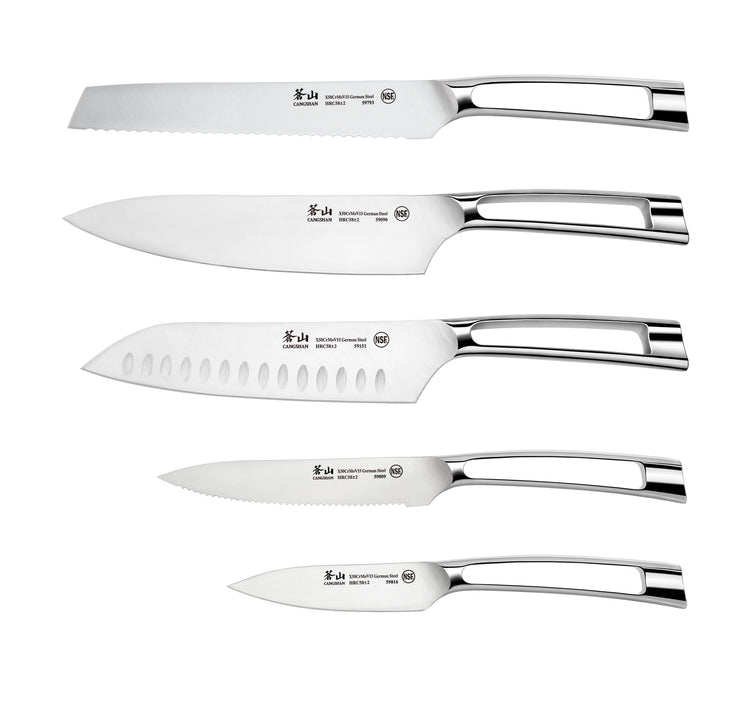 Five stainless steel kitchen knives with polished handles, each blade featuring different shapes and serration patterns.