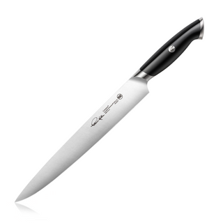
                    
                      Black-handled carving knife with a long, narrow stainless steel blade and signature engraving.
                    
                  