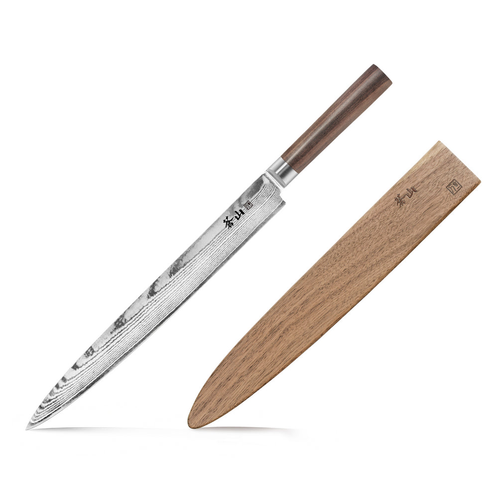 
                  
                    Load image into Gallery viewer, J Series 12-Inch Sashimi Chef Knife with Walnut Sheath, Forged X-7 Damascus Steel, 1020106
                  
                