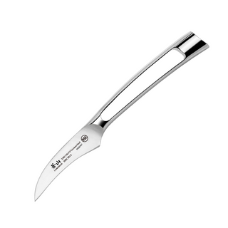 
                    
                      2.75-inch curved peeling knife with polished stainless steel blade and handle, featuring Japanese text on the blade.
                    
                  