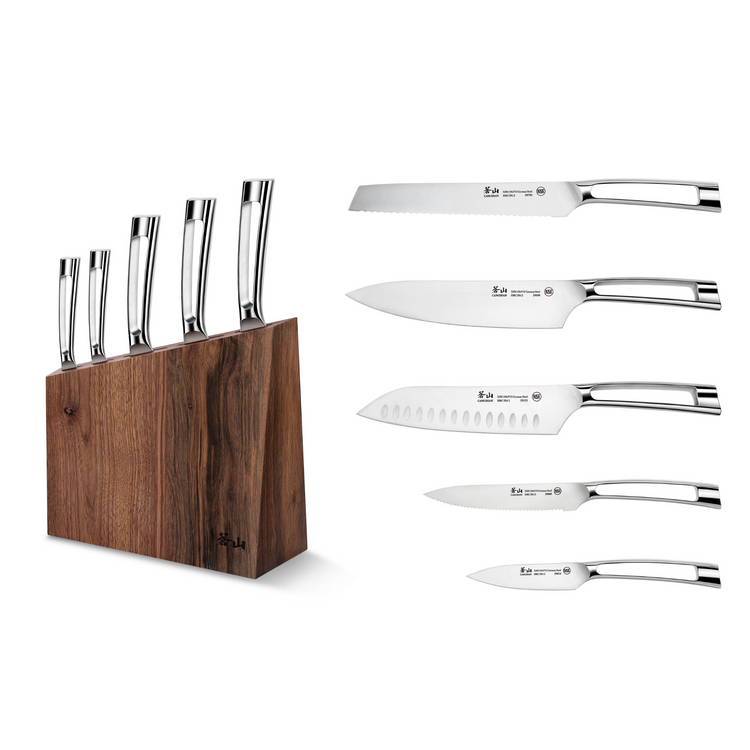 Six stainless steel knives with polished handles displayed next to a walnut wood knife block.