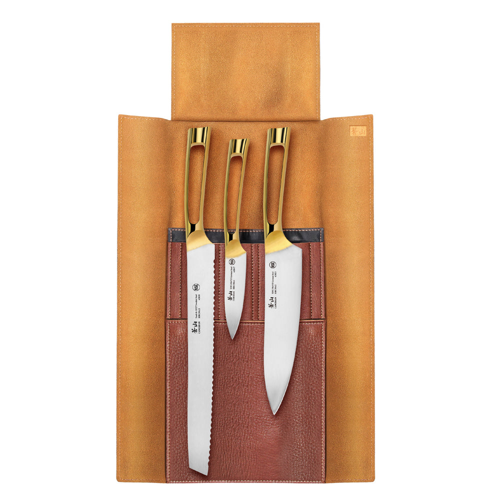 Cangshan N1 Series 62618 4-Piece Leather Roll Knife Set Gold Plated Handle