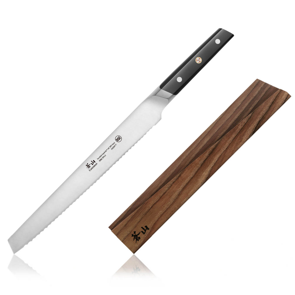 
                  
                    Load image into Gallery viewer, Cangshan TC Series 1020984 Swedish 14C28N Steel Forged 10.25-Inch Bread Knife and Wood Sheath Set
                  
                