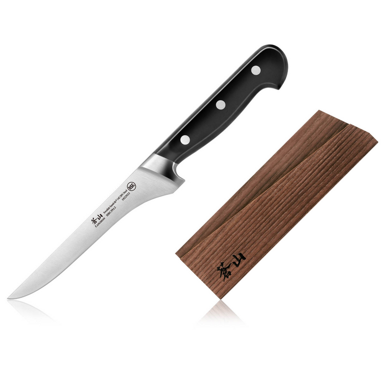 Boning knife with black handle and wooden sheath featuring Japanese characters.