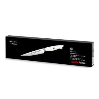 
                    
                      TKSC 5-inch utility knife with white handle, forged Swedish steel blade, displayed on black packaging box.
                    
                  